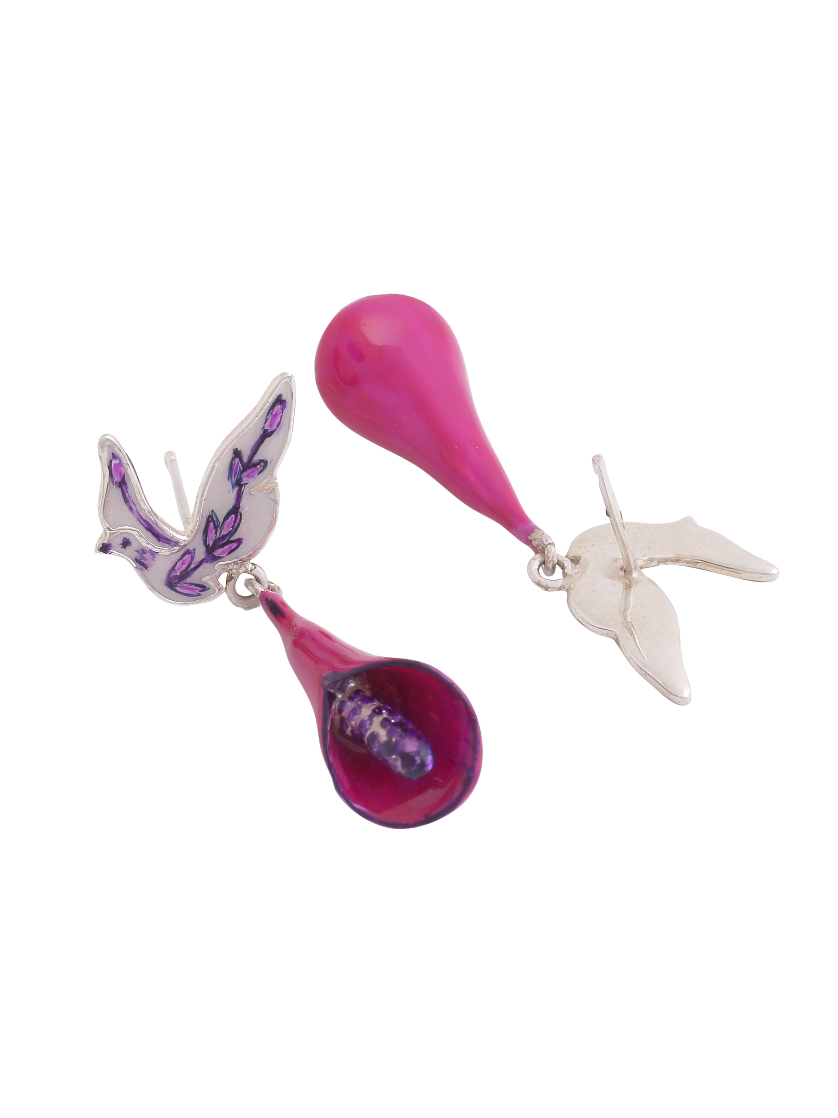 Purple Floral Feather 925 Sterling Silver Drop Earrings For Women
