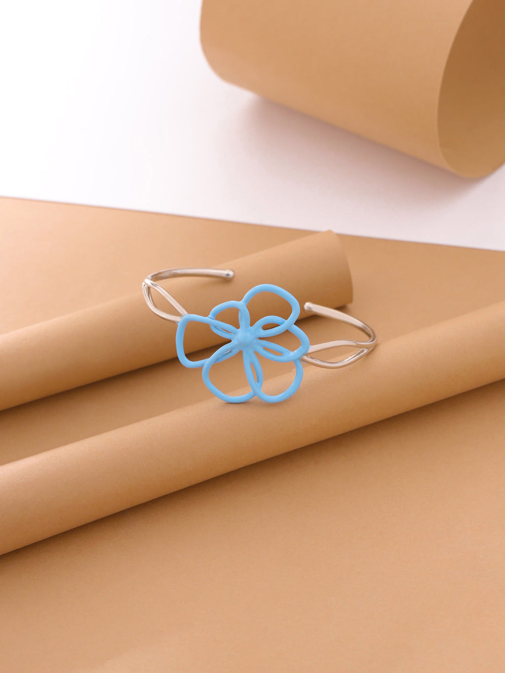 Sky Blue Enamel Flower Cuff Bangle in 925 Sterling Silver