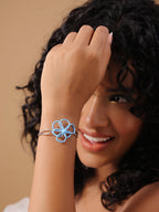 Sky Blue Enamel Flower Cuff Bangle in 925 Sterling Silver
