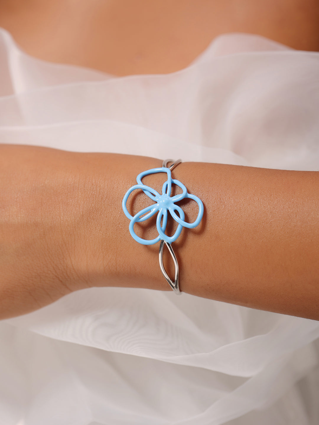 Sky Blue Enamel Flower Cuff Bangle in 925 Sterling Silver