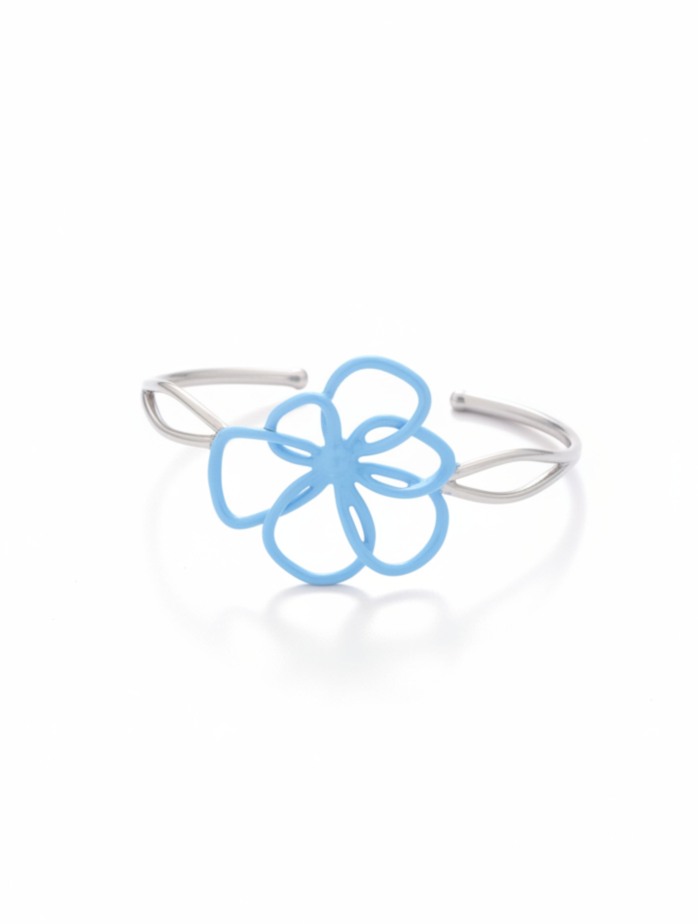 Sky Blue Enamel Flower Cuff Bangle in 925 Sterling Silver