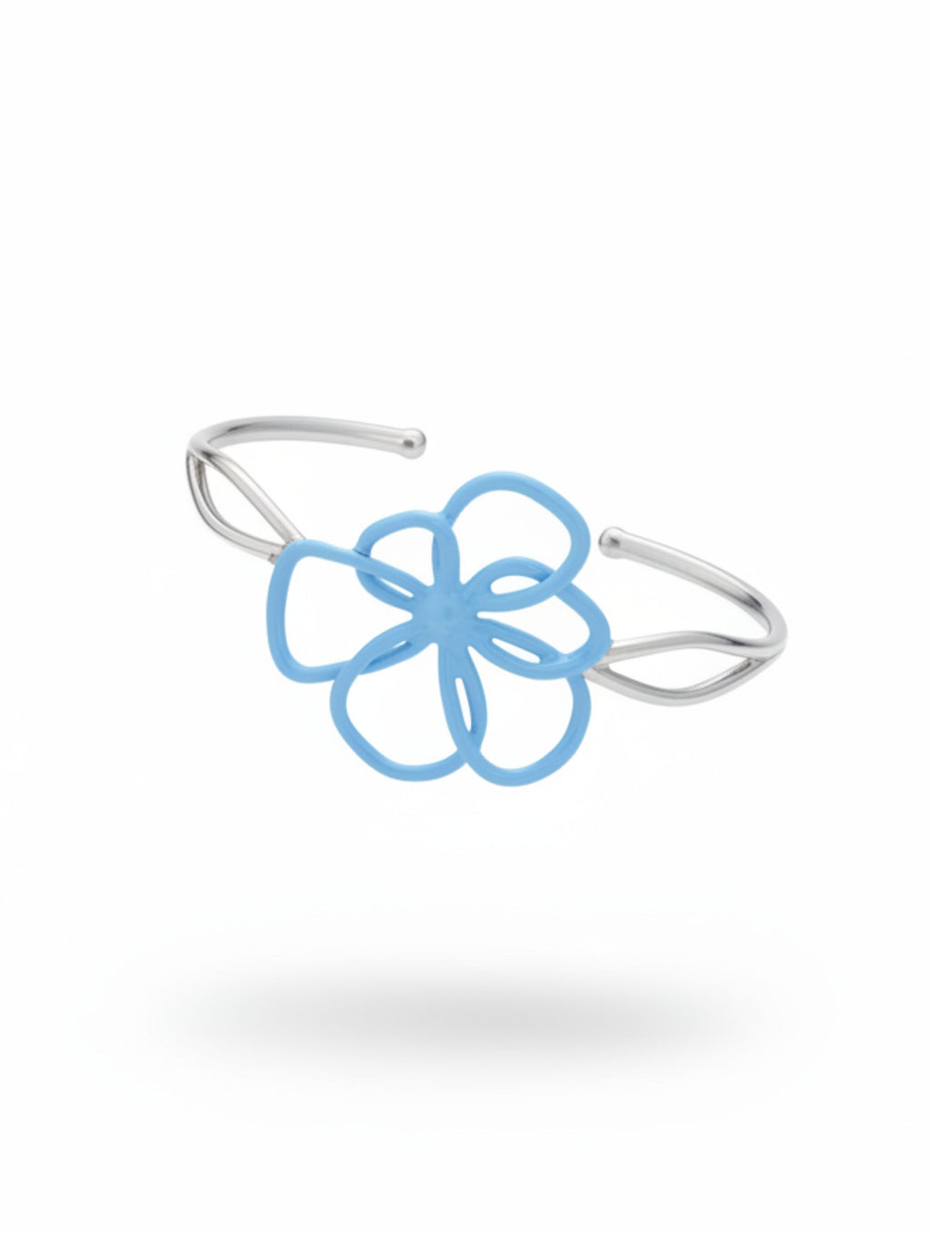 Sky Blue Enamel Flower Cuff Bangle in 925 Sterling Silver