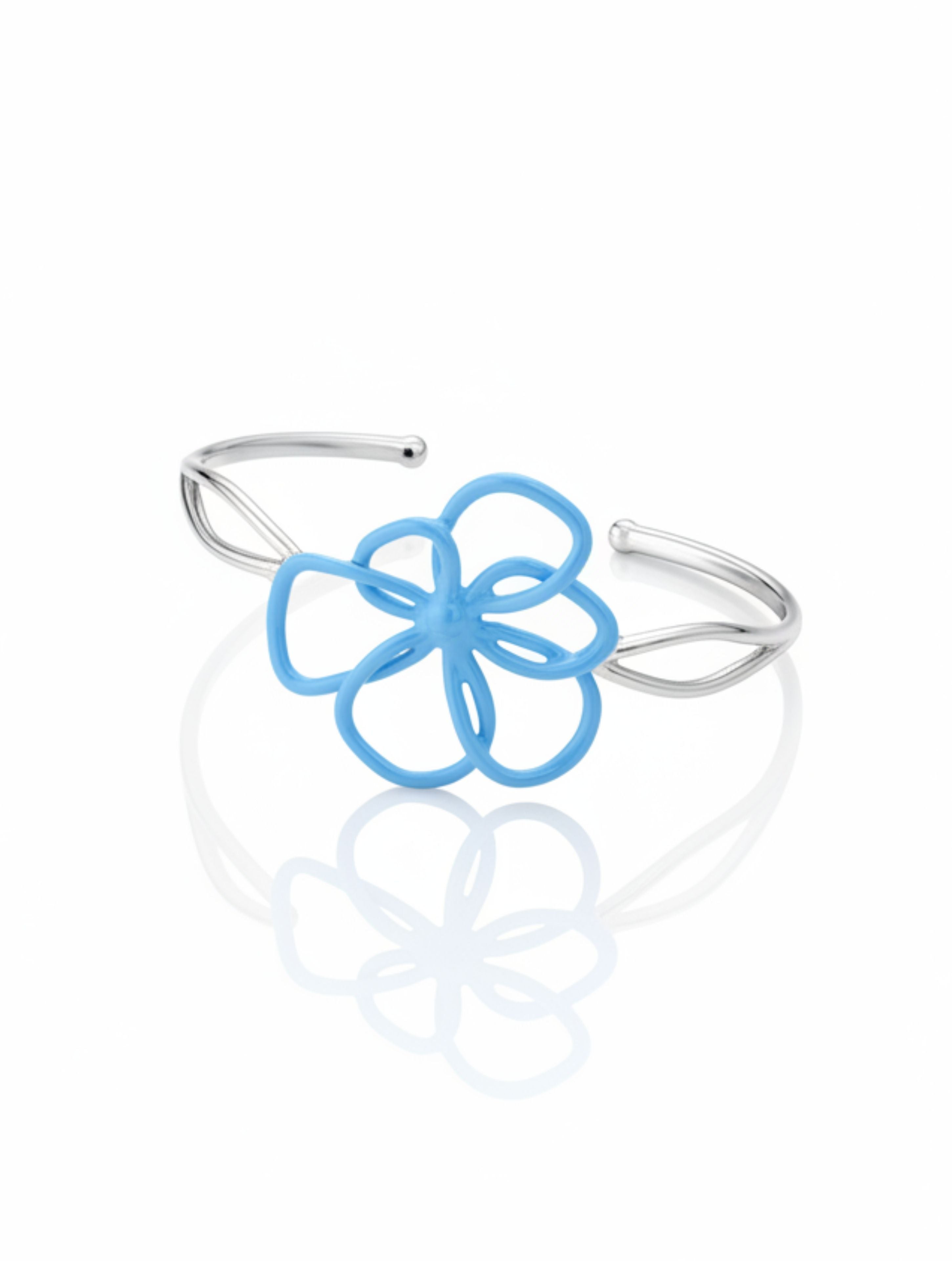 Sky Blue Enamel Flower Cuff Bangle in 925 Sterling Silver
