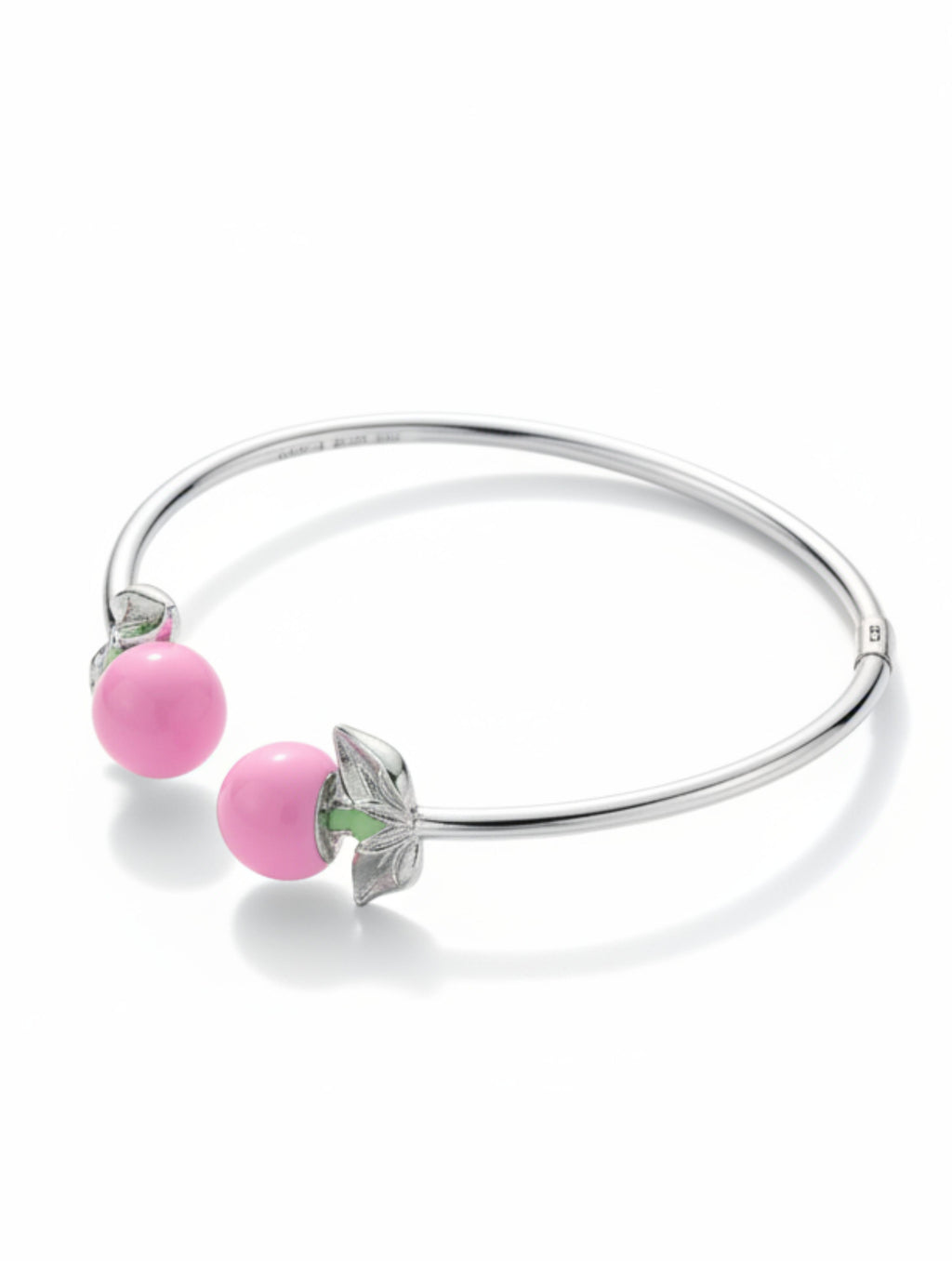 Sterling Silver Baby Pink Enamel Fruit Blossom Open Cuff Bangle