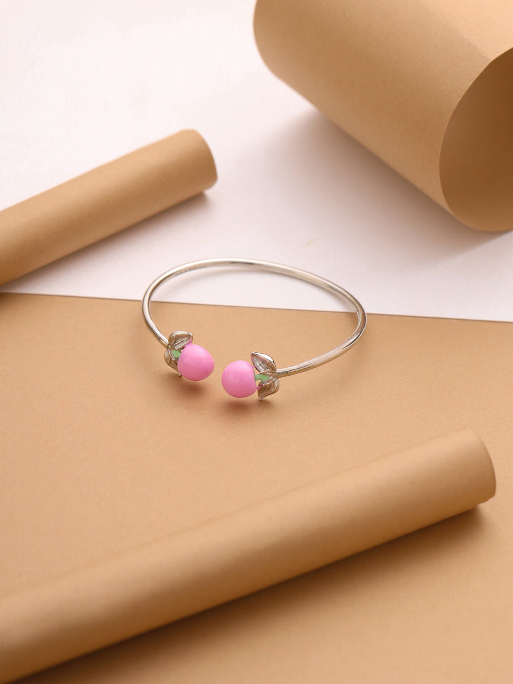 Sterling Silver Baby Pink Enamel Fruit Blossom Open Cuff Bangle