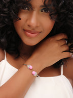 Sterling Silver Baby Pink Enamel Fruit Blossom Open Cuff Bangle