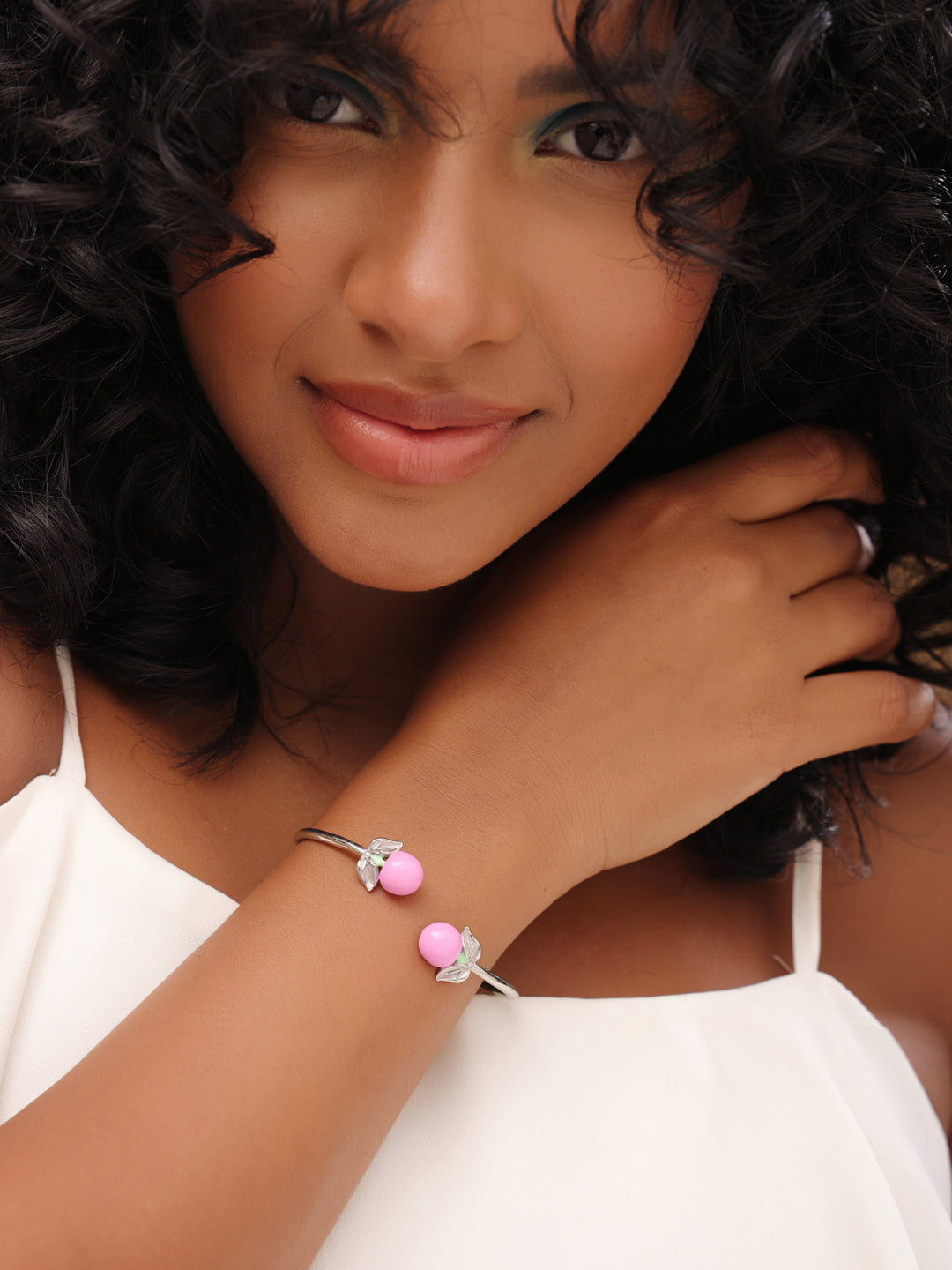Sterling Silver Baby Pink Enamel Fruit Blossom Open Cuff Bangle