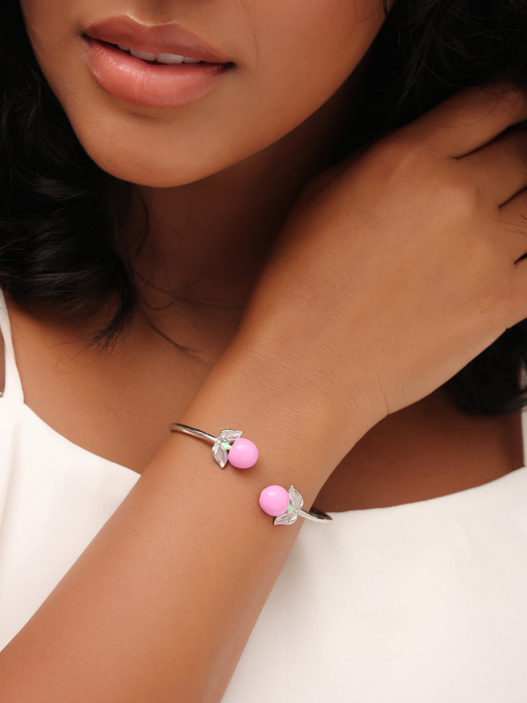 Sterling Silver Baby Pink Enamel Fruit Blossom Open Cuff Bangle