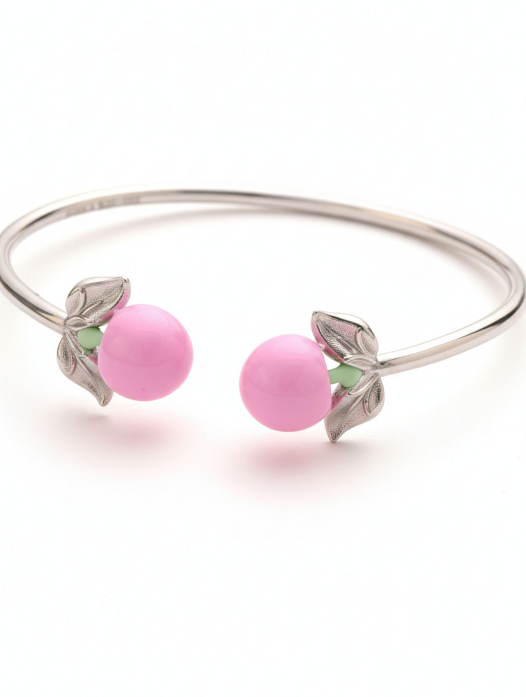 Sterling Silver Baby Pink Enamel Fruit Blossom Open Cuff Bangle