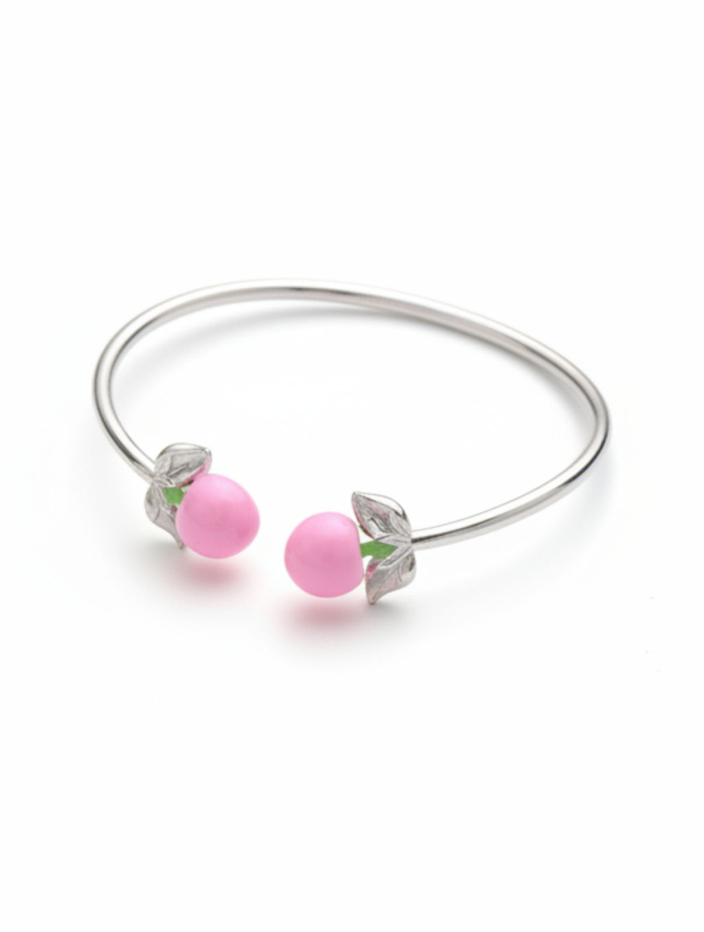 Sterling Silver Baby Pink Enamel Fruit Blossom Open Cuff Bangle