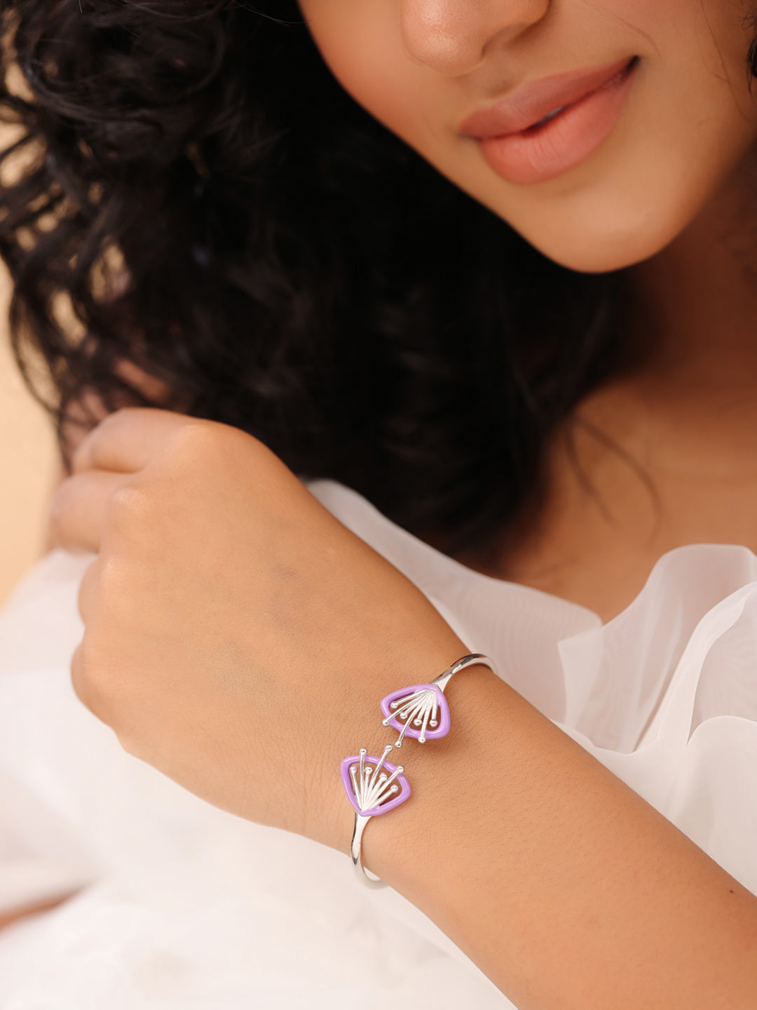 Purple Petal Sterling Silver Open Cuff Bangle