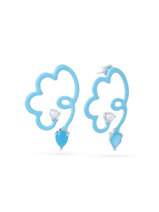 Sky Blue Cloud Enamel & Blue Chalcedony Earrings in Sterling Silver