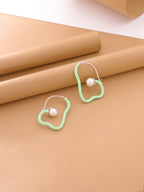 Abstract Pastel Green Enamel & Pearl Hoop Earrings In 925 Sterling Silver
