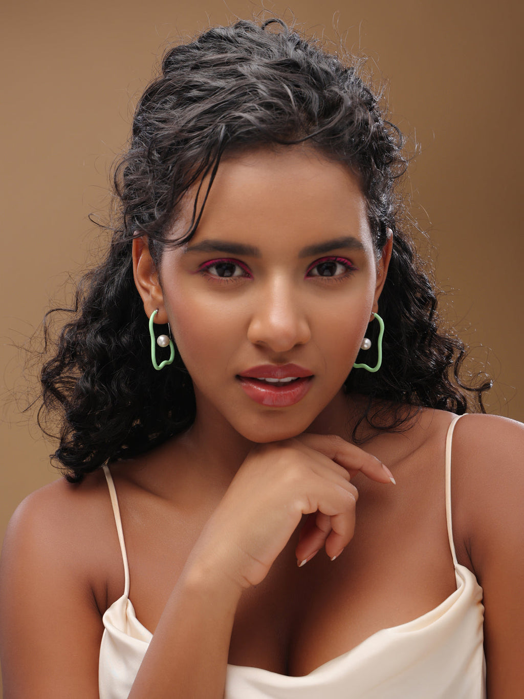 Abstract Pastel Green Enamel & Pearl Hoop Earrings In 925 Sterling Silver