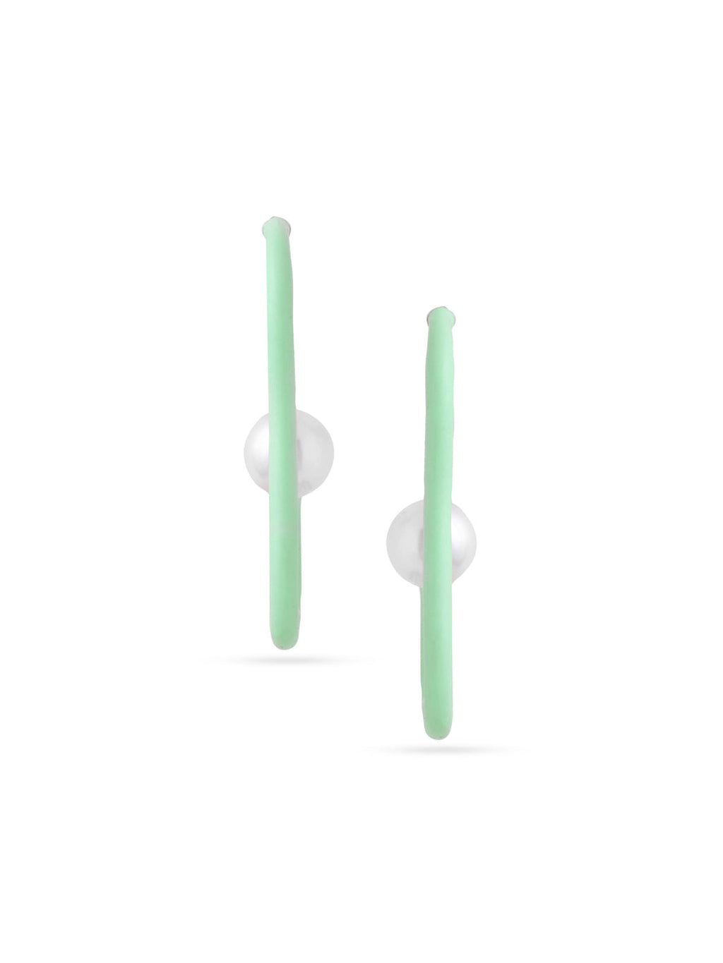 Abstract Pastel Green Enamel & Pearl Hoop Earrings In 925 Sterling Silver