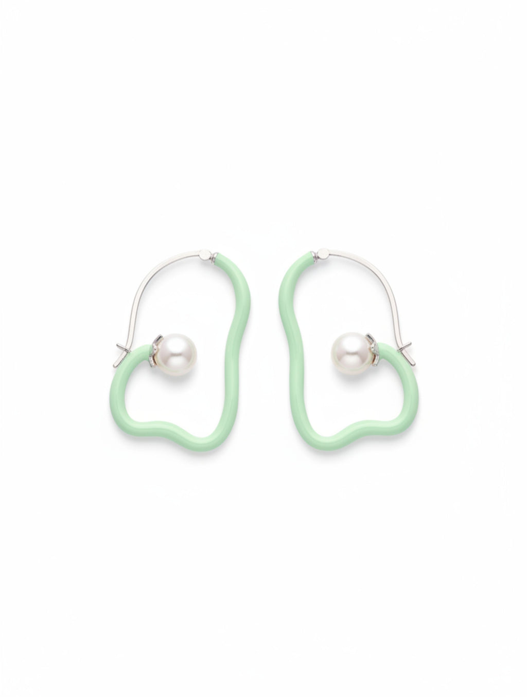 Abstract Pastel Green Enamel & Pearl Hoop Earrings In 925 Sterling Silver