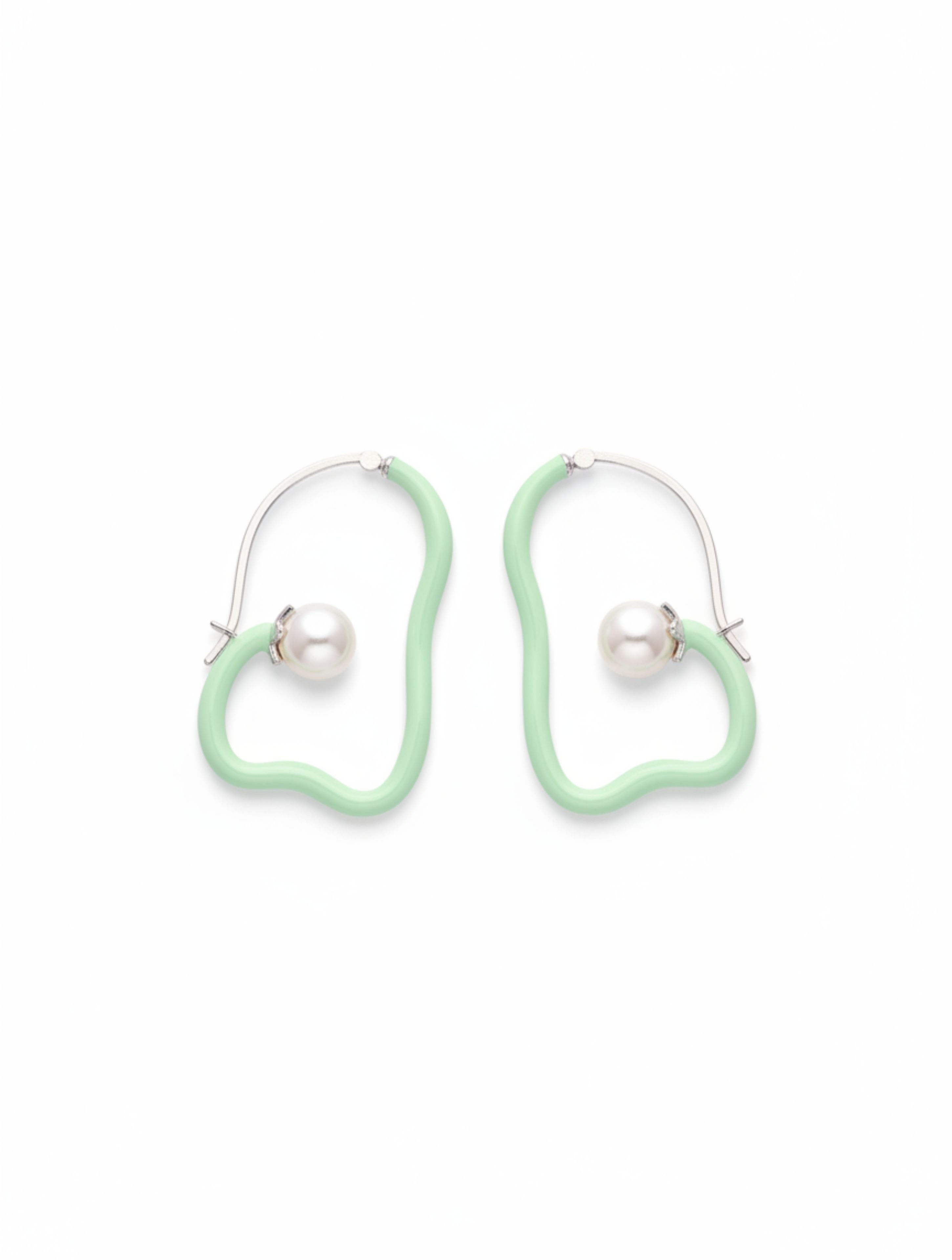 Abstract Pastel Green Enamel & Pearl Hoop Earrings In 925 Sterling Silver