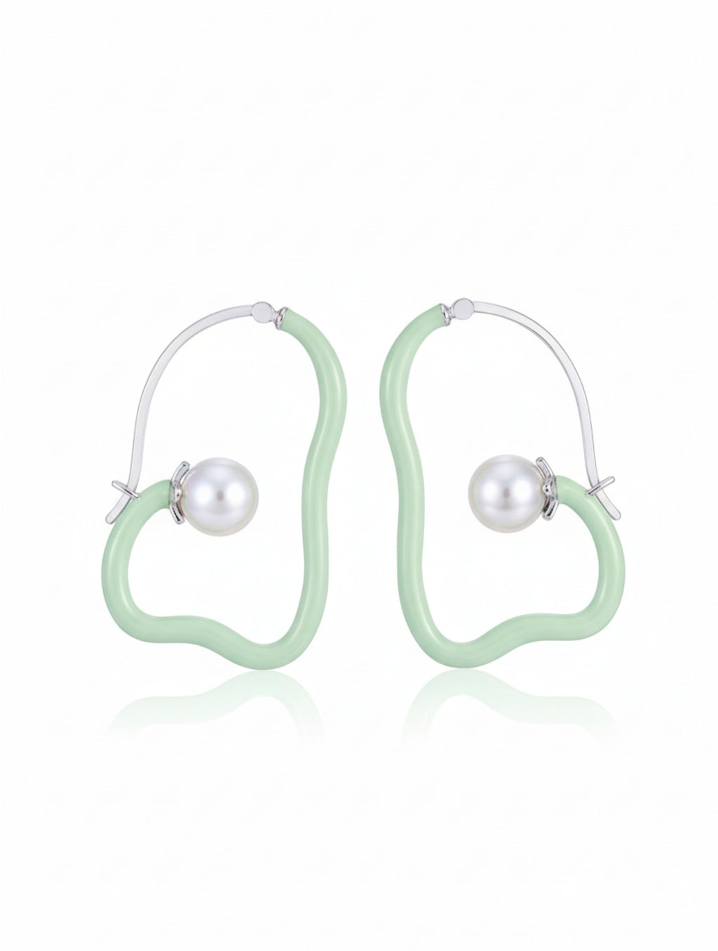 Abstract Pastel Green Enamel & Pearl Hoop Earrings In 925 Sterling Silver