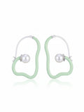 Abstract Pastel Green Enamel & Pearl Hoop Earrings In 925 Sterling Silver