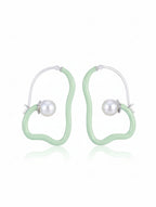 Abstract Pastel Green Enamel & Pearl Hoop Earrings In 925 Sterling Silver