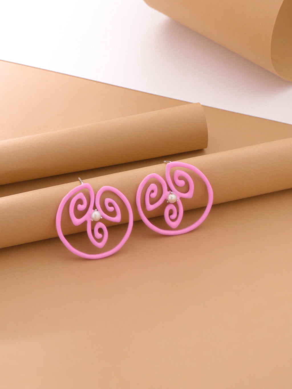 Swirling Sweetness: Baby Pink Enamel & Pearl Stud Earrings