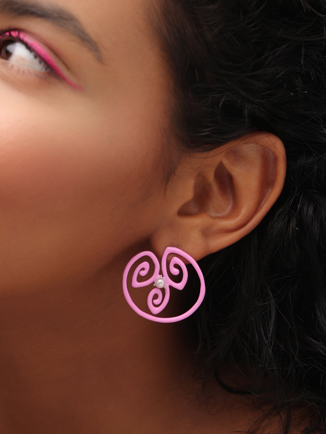 Swirling Sweetness: Baby Pink Enamel & Pearl Stud Earrings