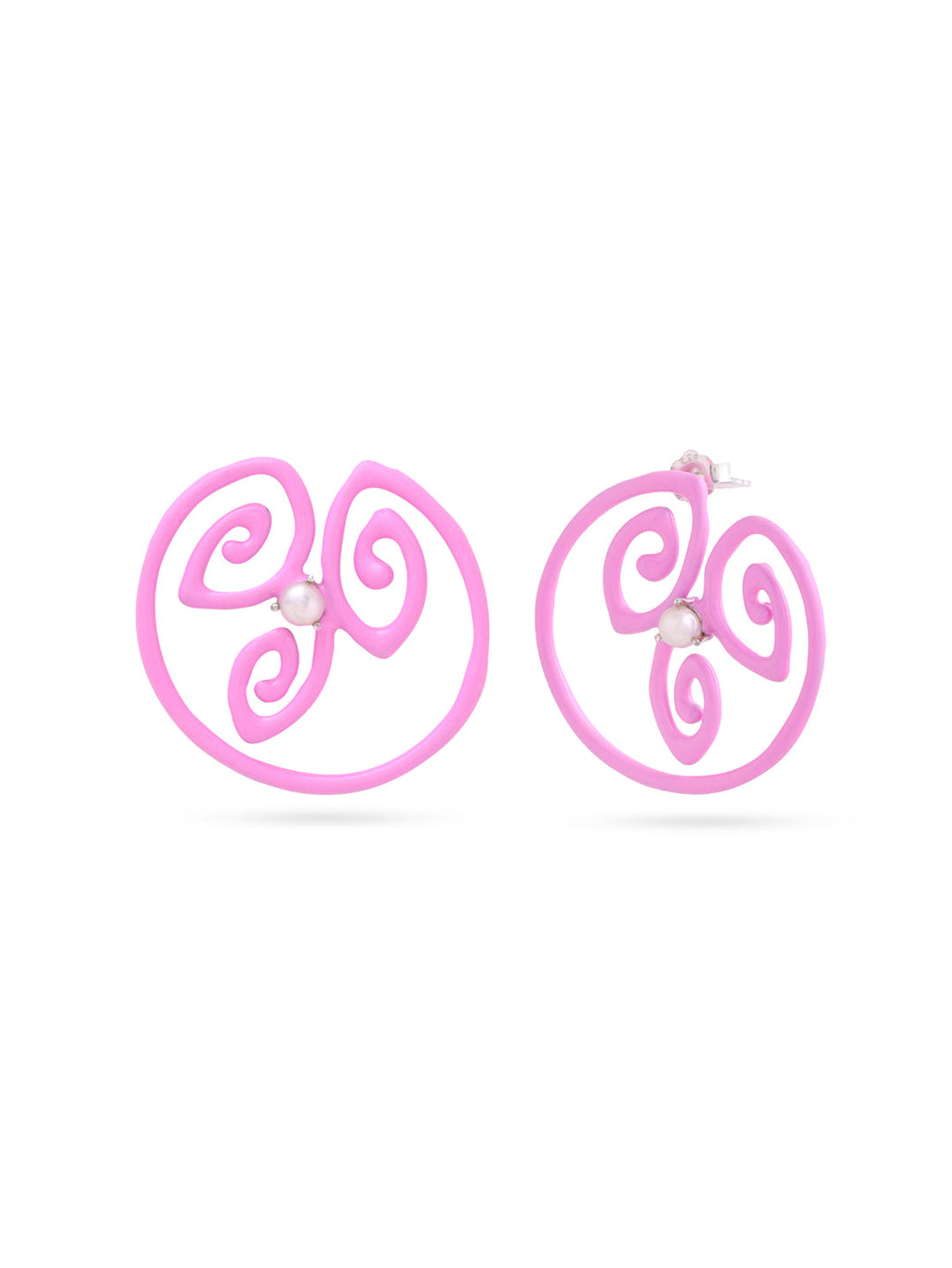 Swirling Sweetness: Baby Pink Enamel & Pearl Stud Earrings