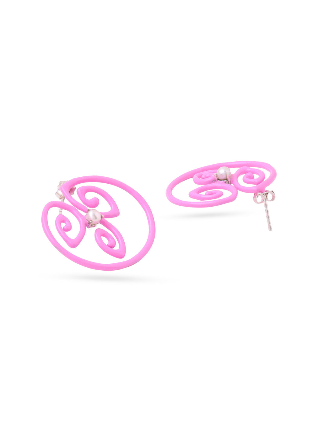 Swirling Sweetness: Baby Pink Enamel & Pearl Stud Earrings
