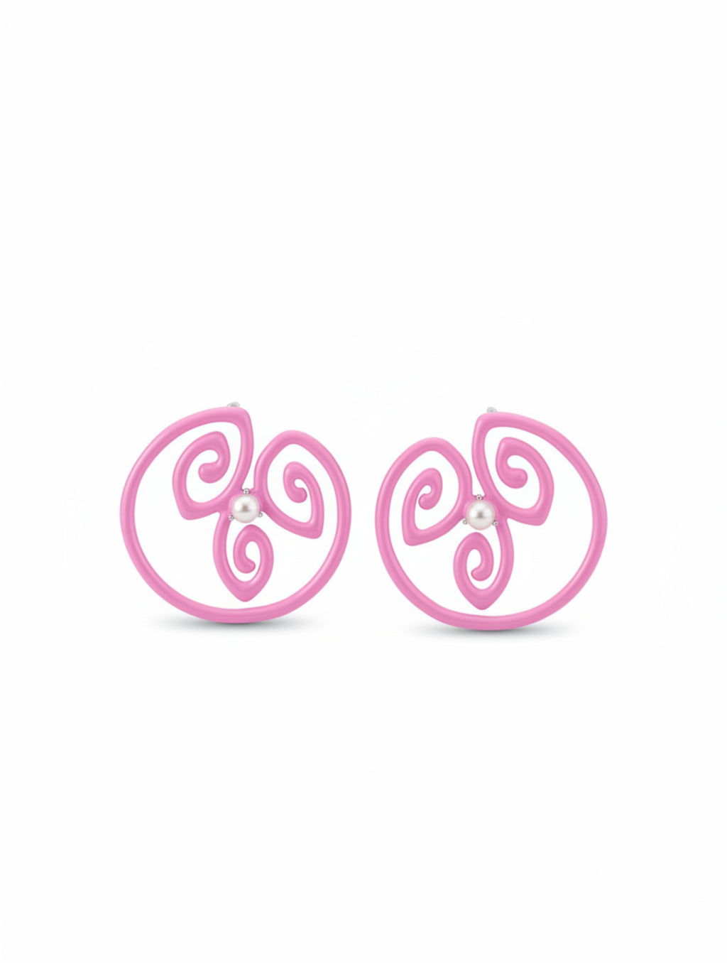 Swirling Sweetness: Baby Pink Enamel & Pearl Stud Earrings