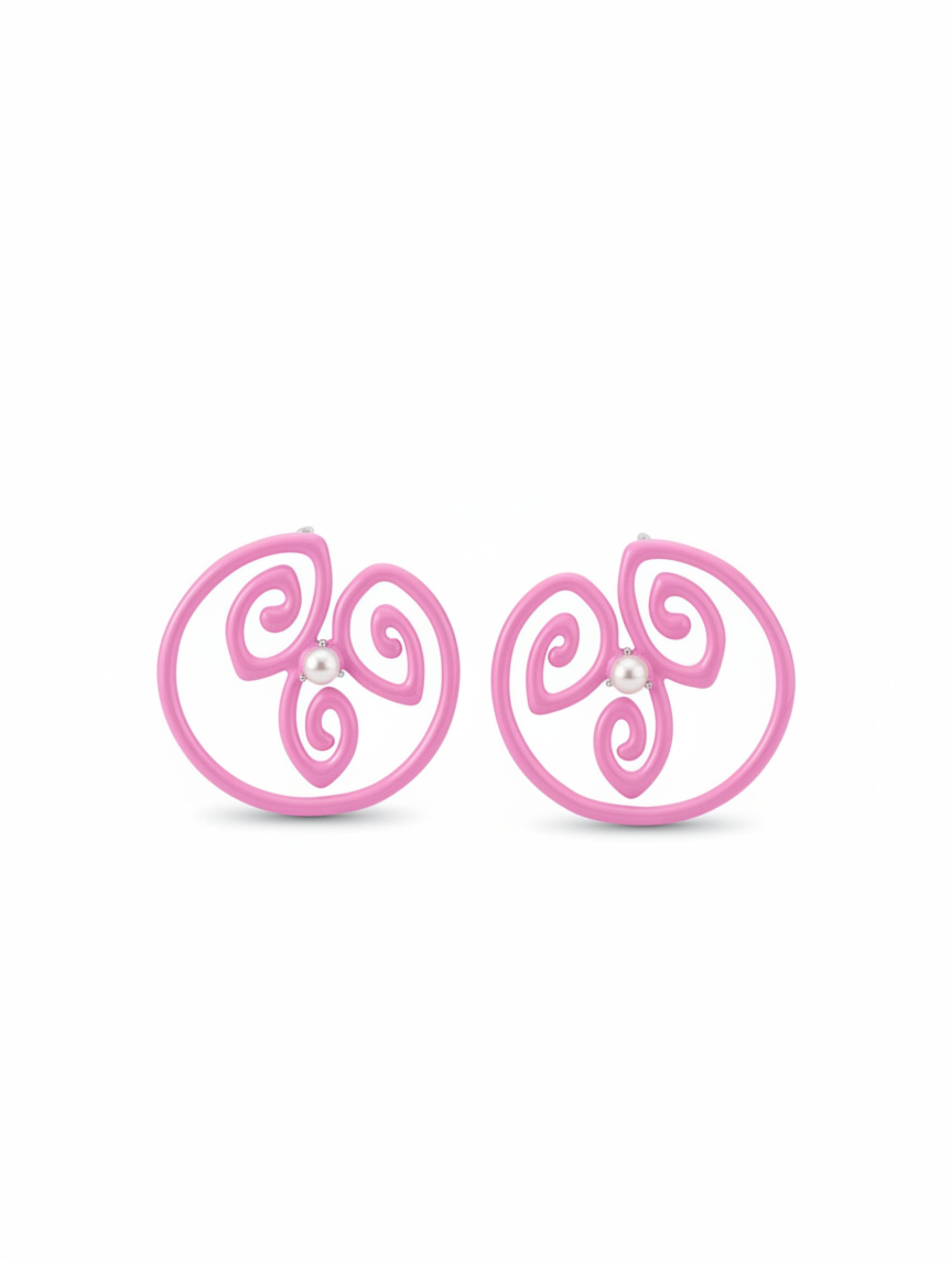 Swirling Sweetness: Baby Pink Enamel & Pearl Stud Earrings