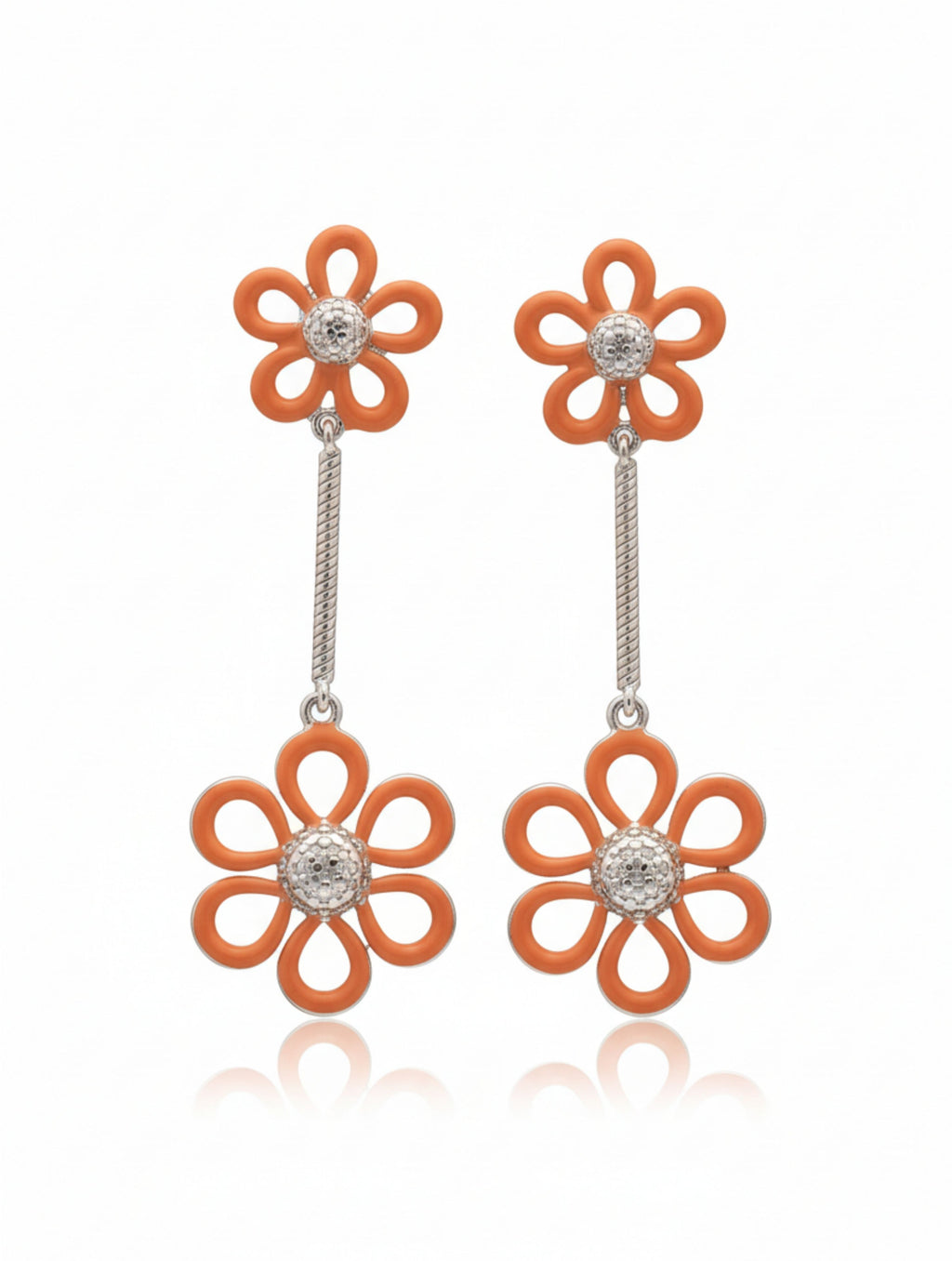 Orange Bloom Double Flower Drop Earrings in 925 Sterling Silver