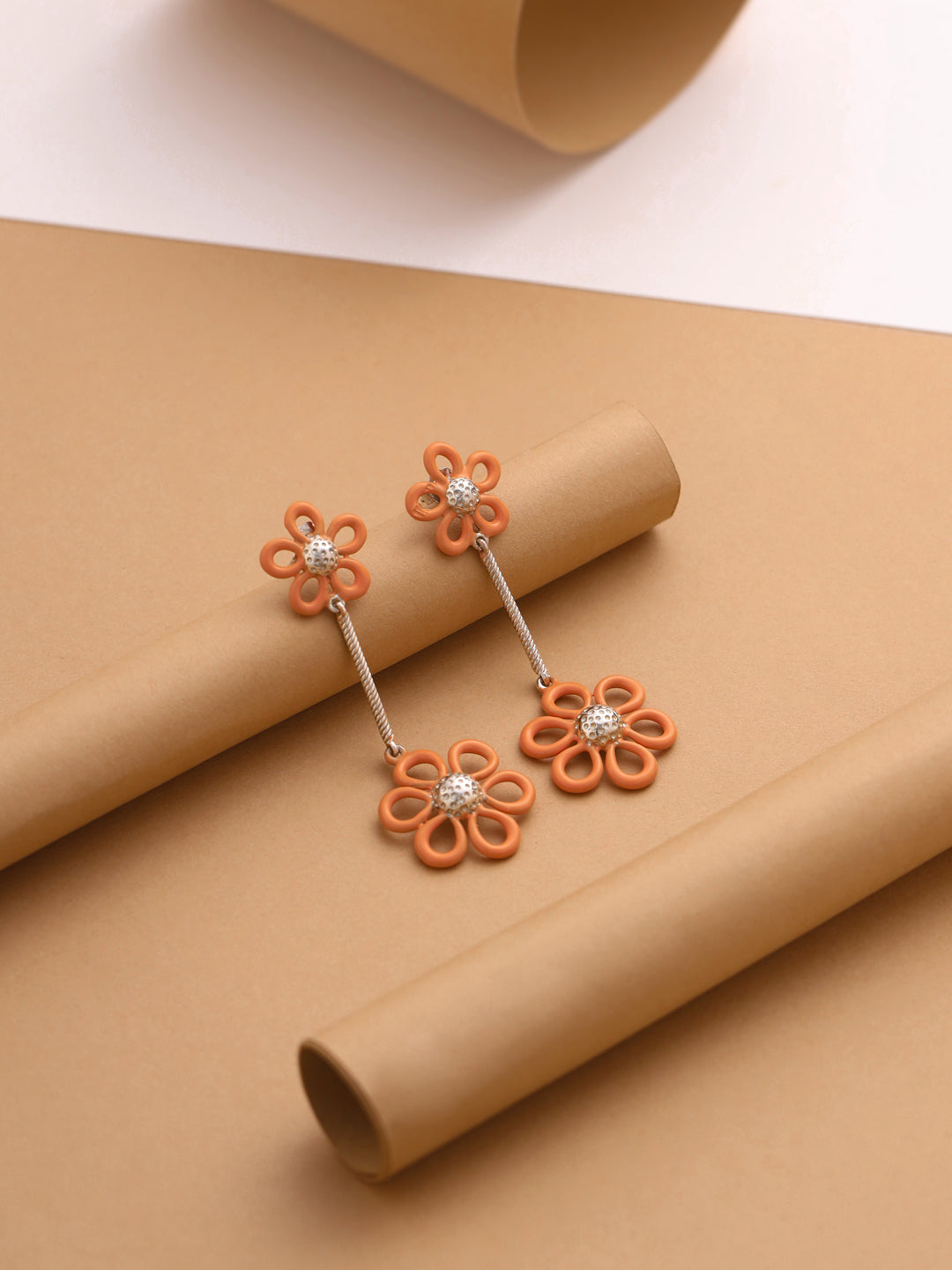 Orange Bloom Double Flower Drop Earrings in 925 Sterling Silver