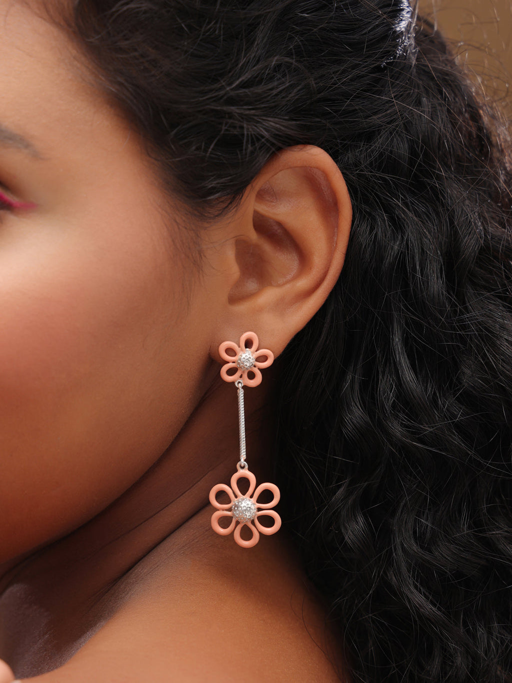 Orange Bloom Double Flower Drop Earrings in 925 Sterling Silver