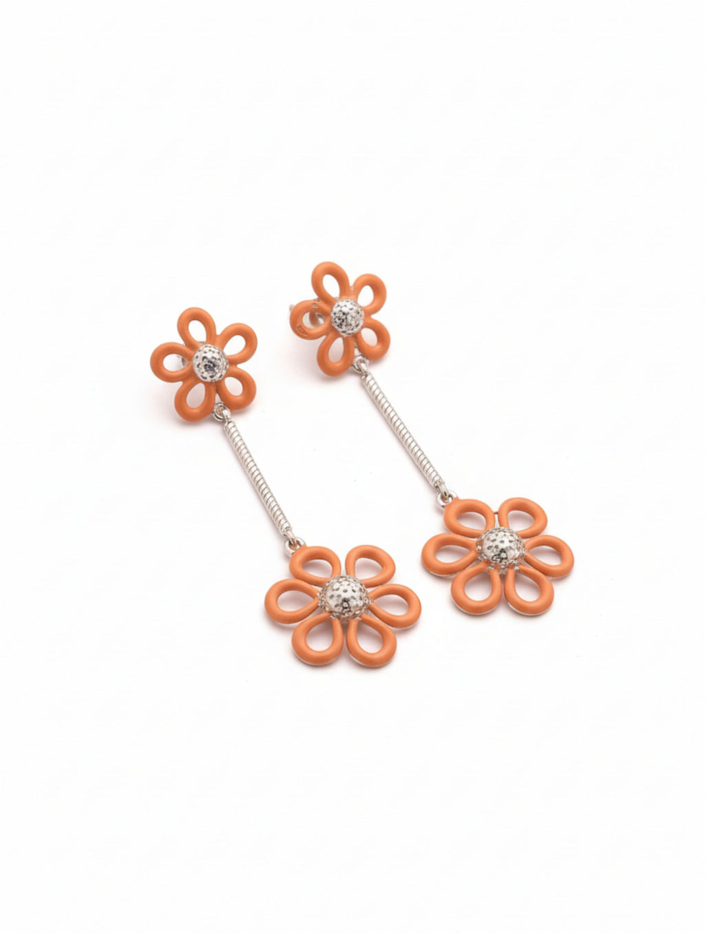 Orange Bloom Double Flower Drop Earrings in 925 Sterling Silver