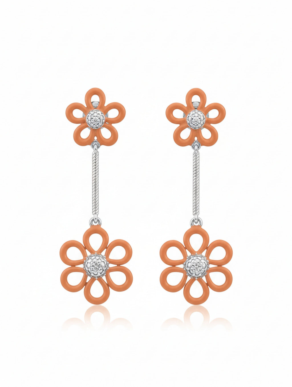 Orange Bloom Double Flower Drop Earrings in 925 Sterling Silver