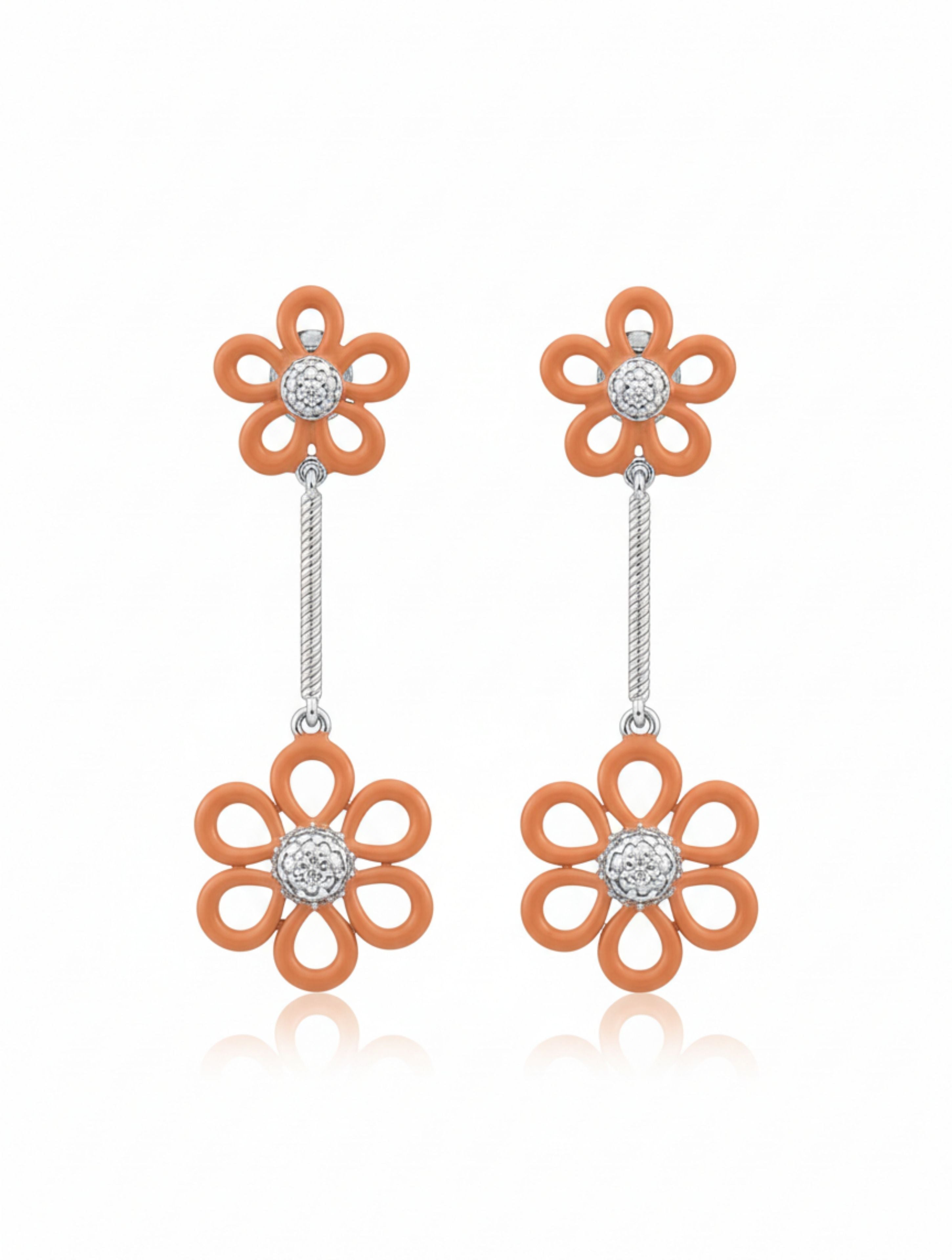 Orange Bloom Double Flower Drop Earrings in 925 Sterling Silver