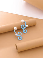 Sky Blue Enamel & Pearl Swirl Crawler Earrings in 925 Sterling Silver