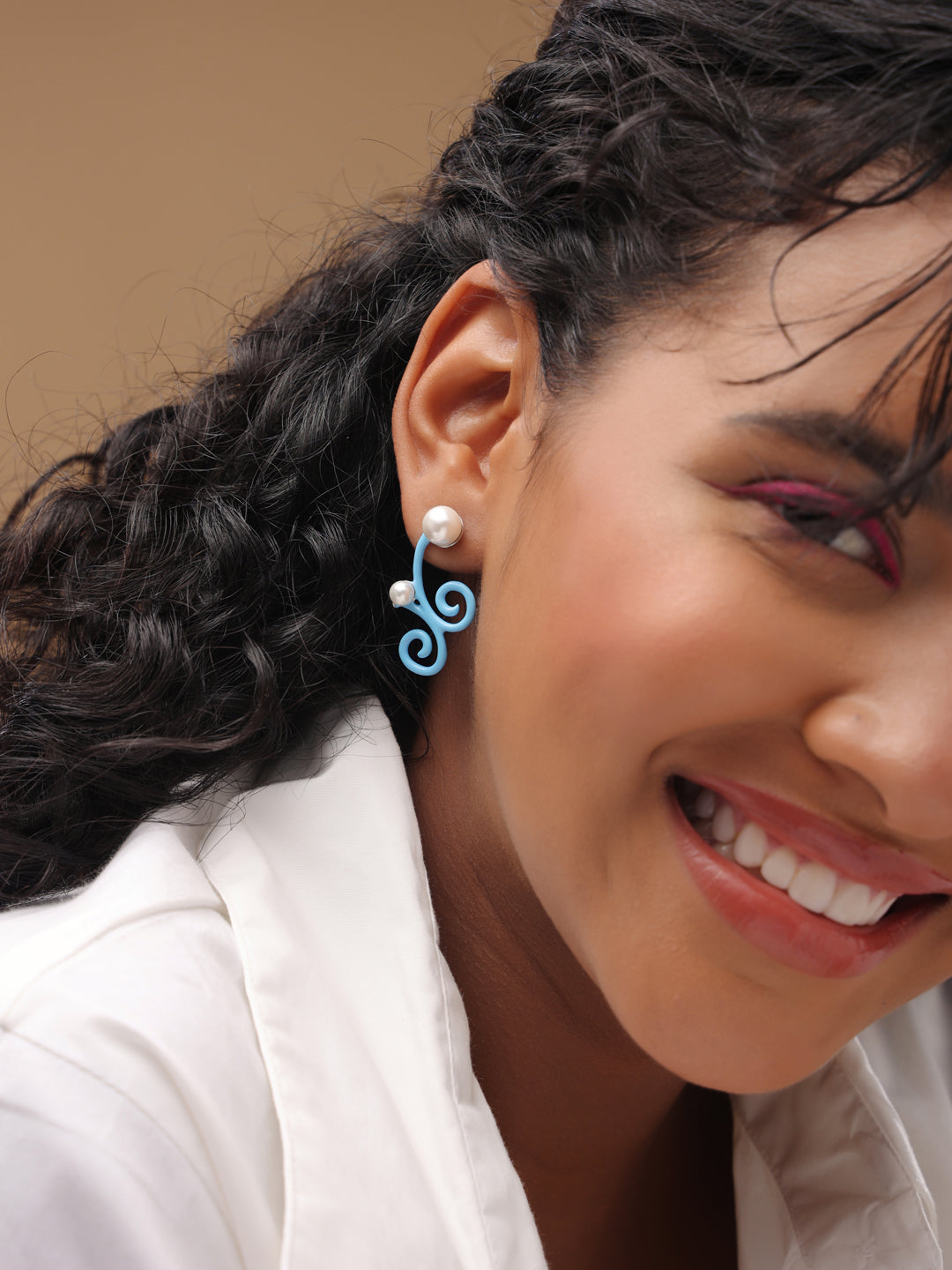 Sky Blue Enamel & Pearl Swirl Crawler Earrings in 925 Sterling Silver