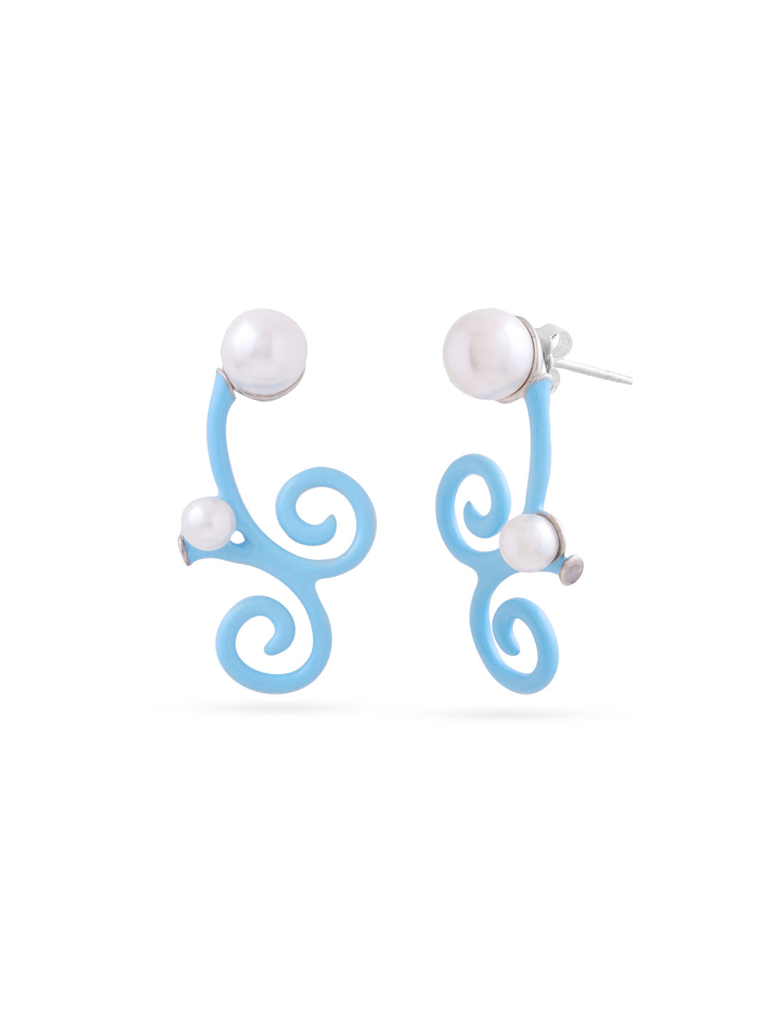 Sky Blue Enamel & Pearl Swirl Crawler Earrings in 925 Sterling Silver