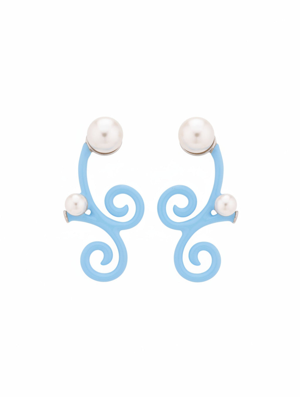 Sky Blue Enamel & Pearl Swirl Crawler Earrings in 925 Sterling Silver