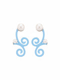 Sky Blue Enamel & Pearl Swirl Crawler Earrings in 925 Sterling Silver