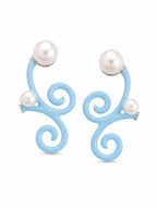 Sky Blue Enamel & Pearl Swirl Crawler Earrings in 925 Sterling Silver