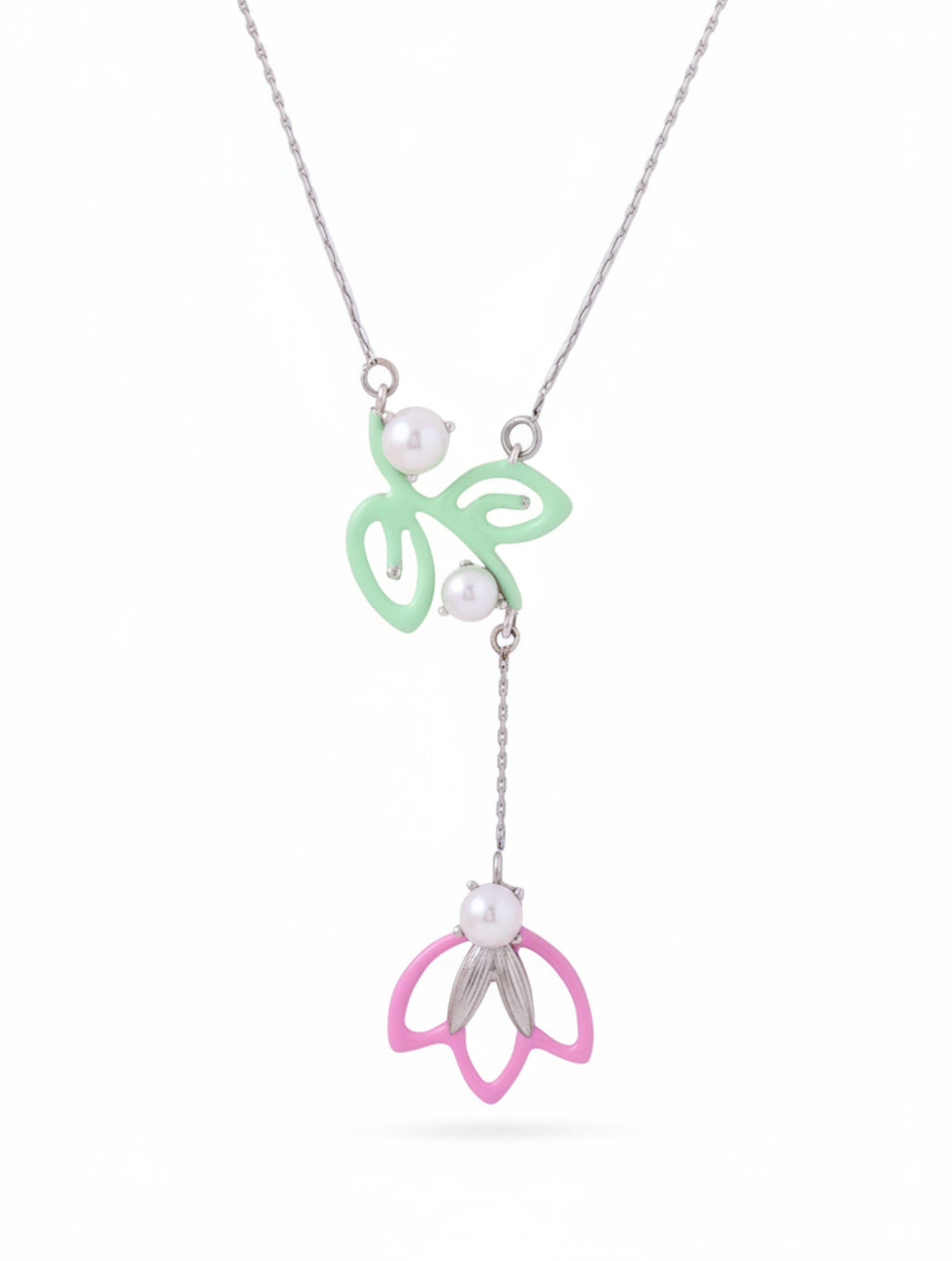 Pastel Floral Necklace in 925 Sterling Silver with Enamel and Pearls