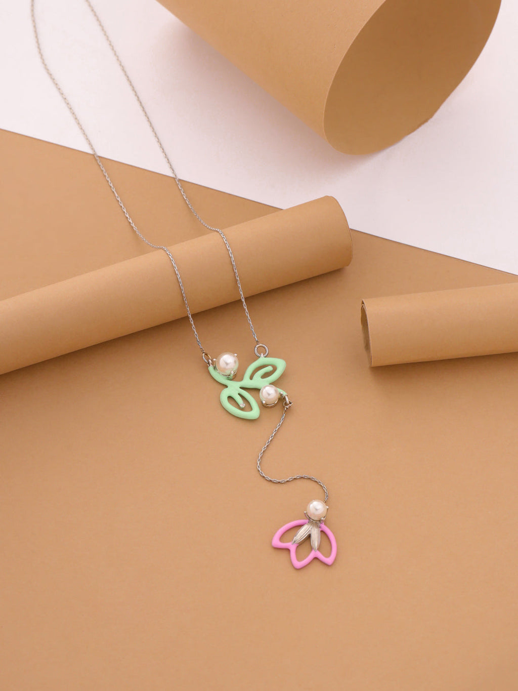 Pastel Floral Necklace in 925 Sterling Silver with Enamel and Pearls