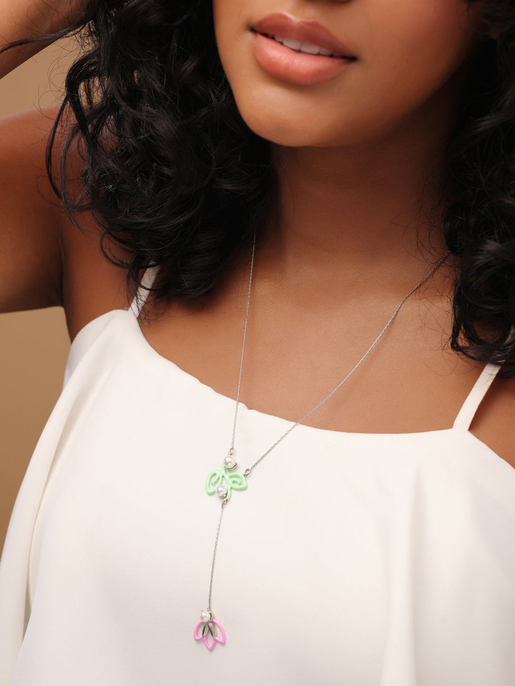 Pastel Floral Necklace in 925 Sterling Silver with Enamel and Pearls