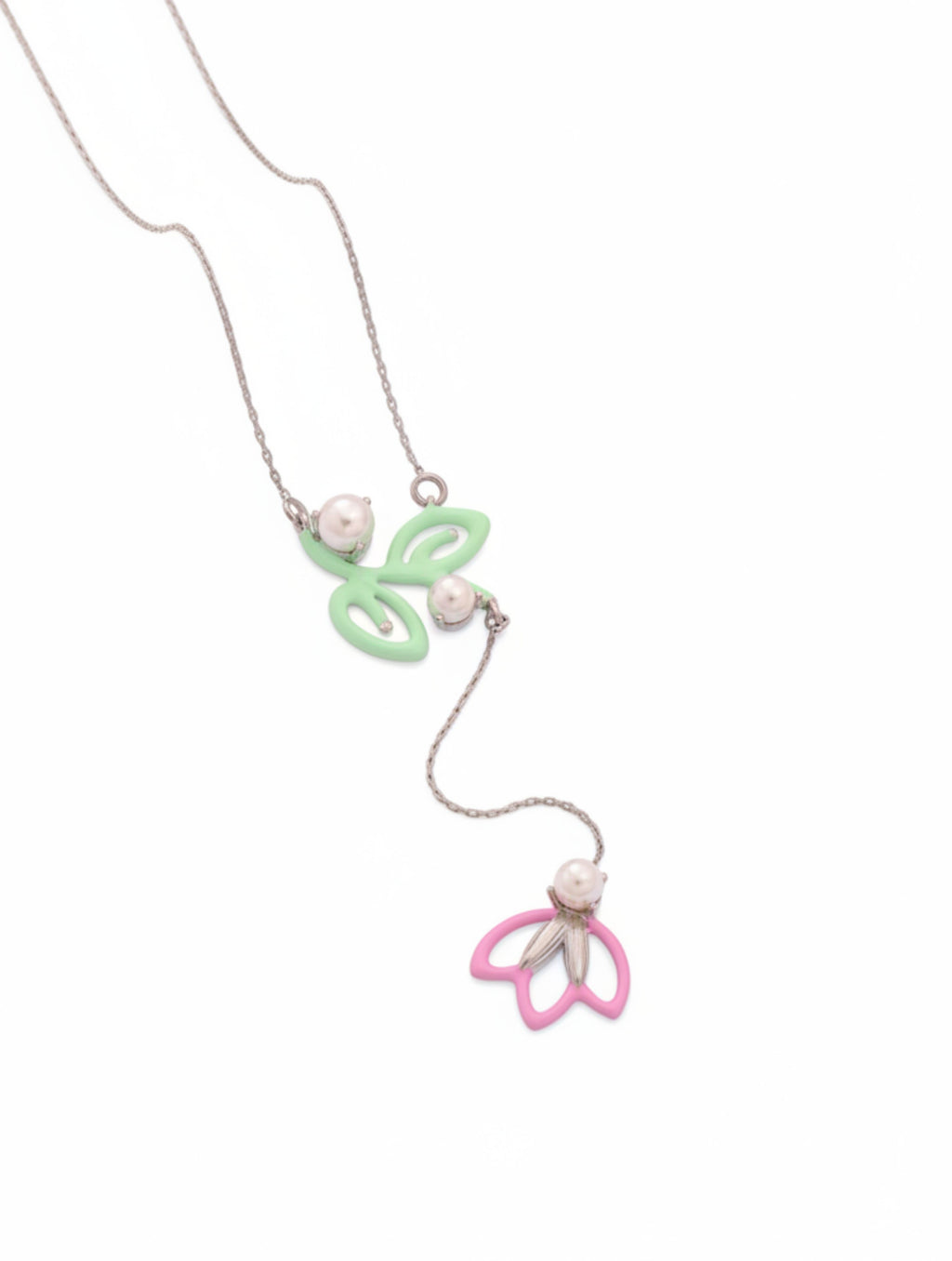 Pastel Floral Necklace in 925 Sterling Silver with Enamel and Pearls