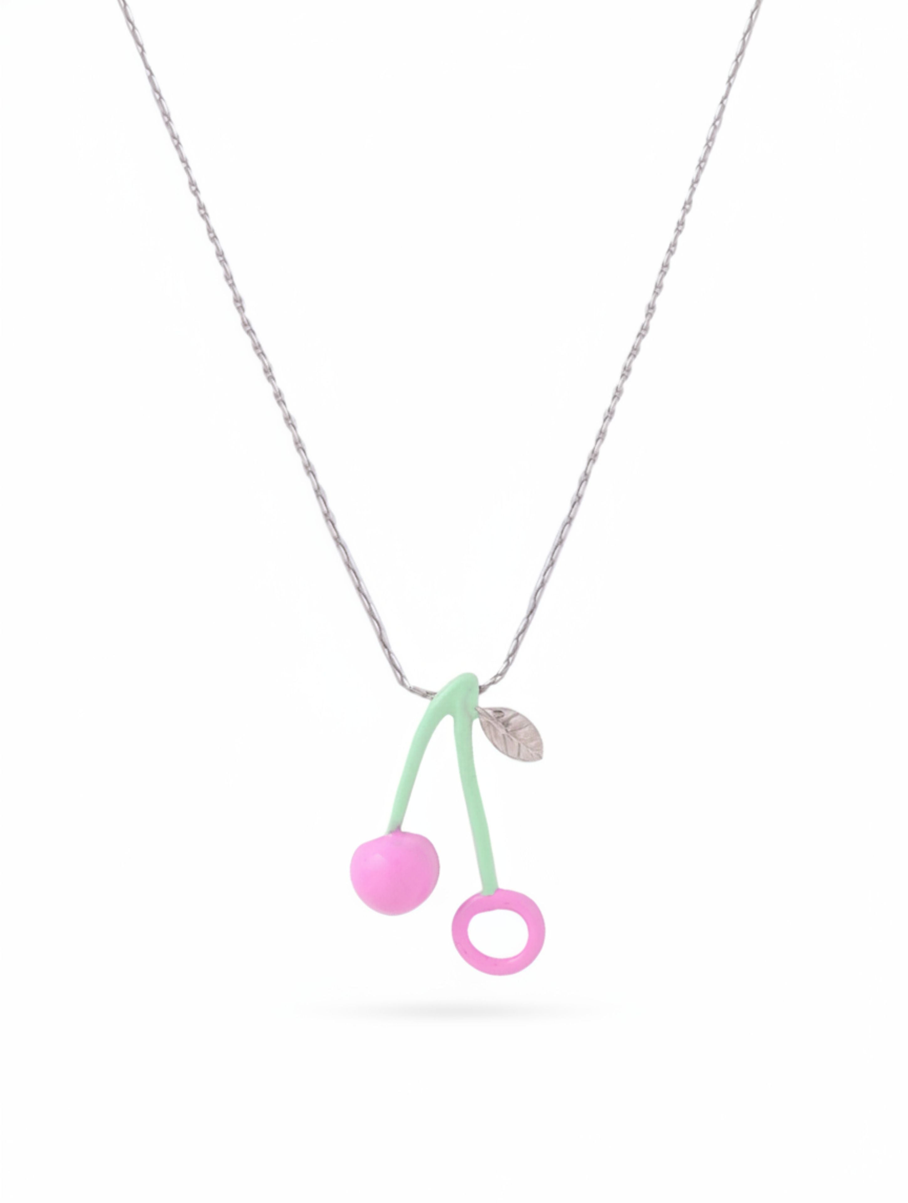 925 Sterling Silver Pastel Cherry Pendant Necklace | Fun & Dainty Enamel Jewelry