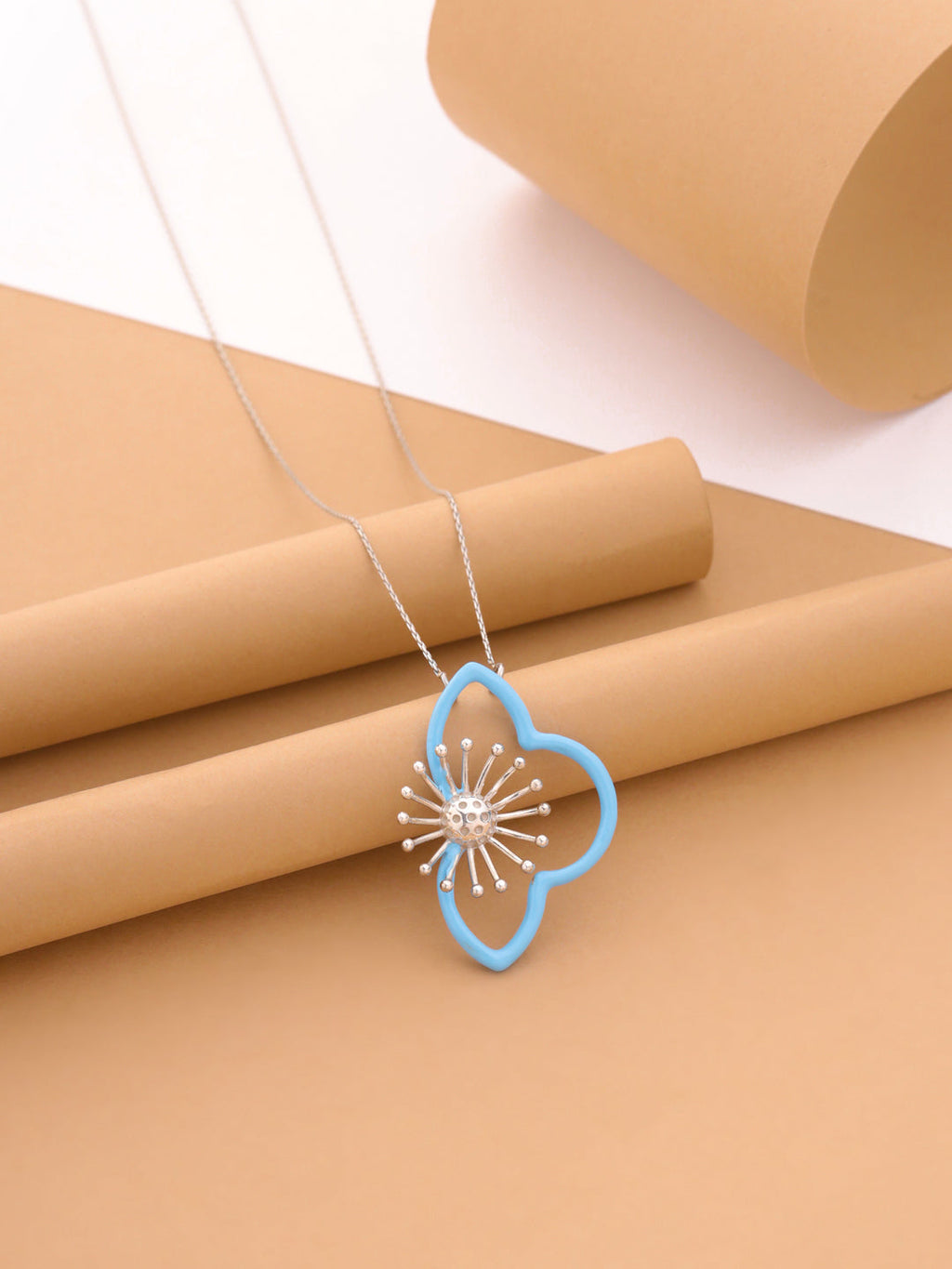 Sterling Silver Celestial Burst Pendant Necklace with Sky Blue Enamel
