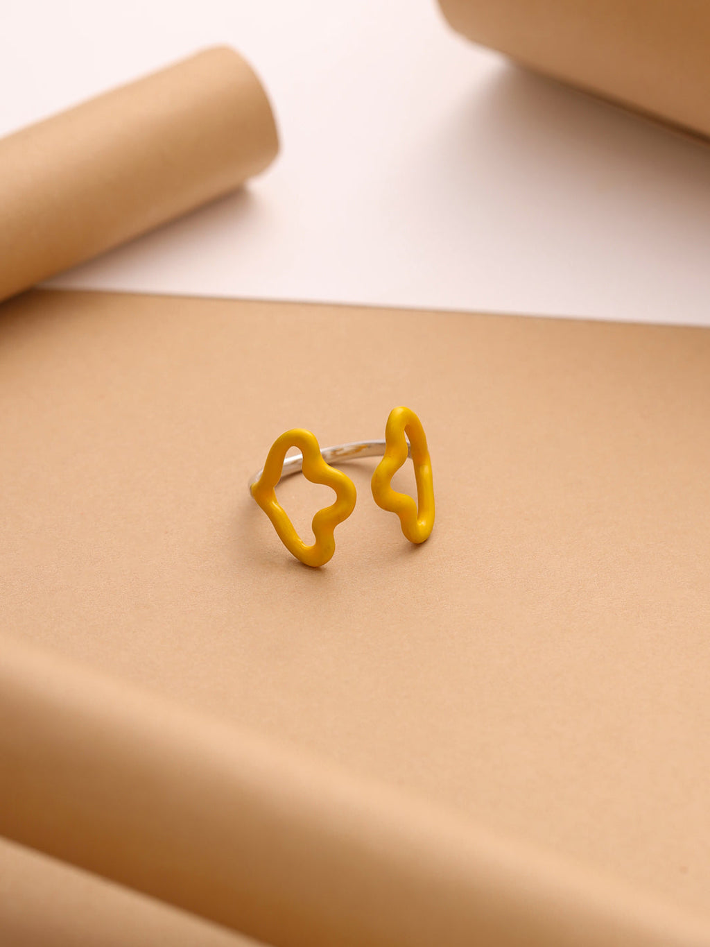 Yellow Enamel "Wavy Butterfly" Adjustable Ring in 925 Sterling Silver