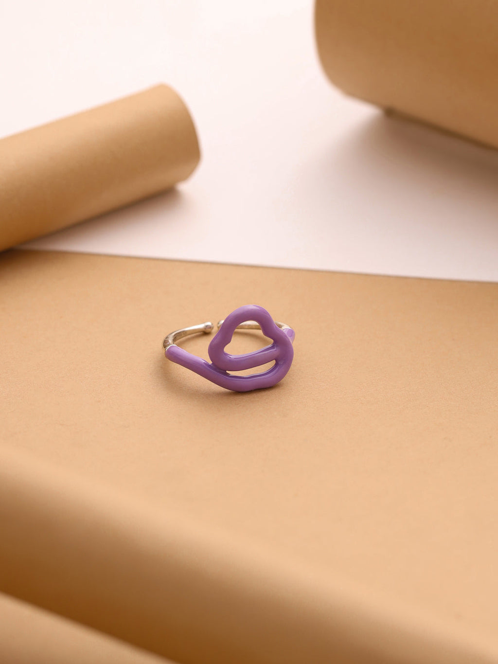 Purple Enamel Squiggle Heart Adjustable Ring in 925 Sterling Silver